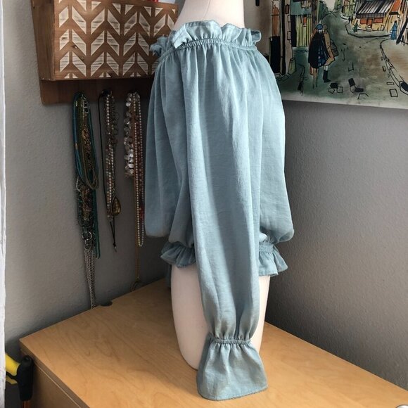 Express Satin Blouson Blouse size M Light Blue Off the Shoulder Ruffled Sleeve - Picture 6 of 9